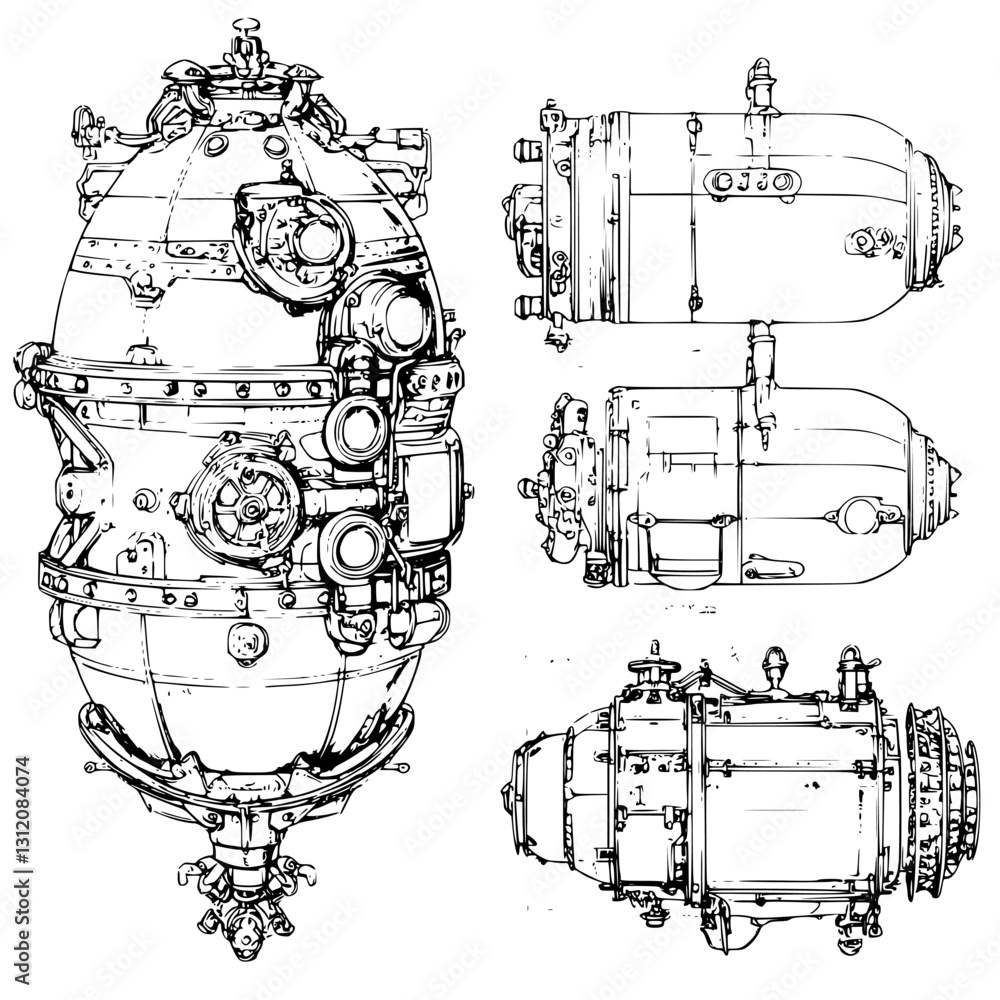 Poster technical blueprint of a deep-sea submersible showing multiple angles and detailed specifications in