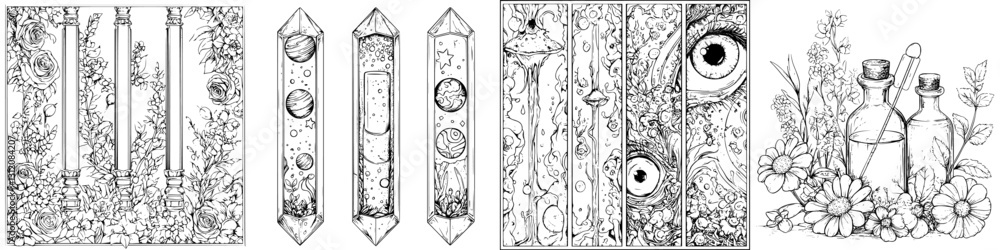 Poster intricate line art showcasing magical elements and botanical designs in a whimsical setting