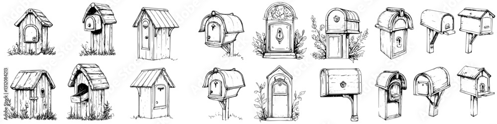 Poster Unique designs of rustic mailboxes in various styles set against a white background showcasing craftsmanship and creativity
