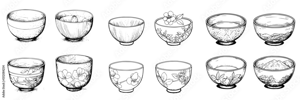 Poster detailed sketches of various decorative bowls showcasing different designs and shapes arranged in tw