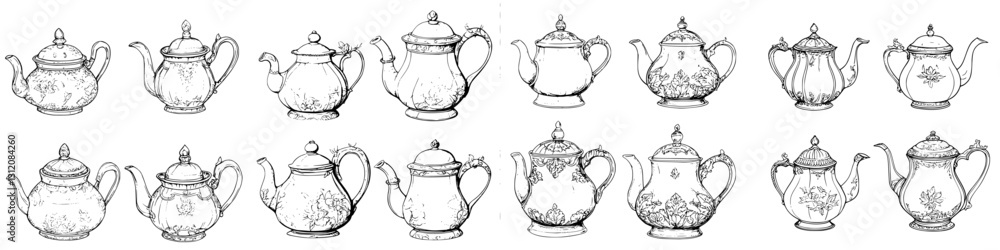 Poster collection of vintage teapots showcased in intricate designs and patterns from different eras in a s