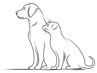 Obraz premium Continuous line drawing is used to create a modern black and white modern illustration of a dog and cat logo