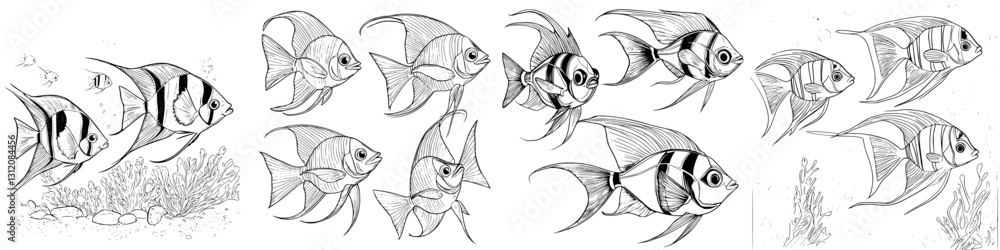 Aufkleber various sketches showcasing different types of fish swimming in a coral reef setting with intricate 