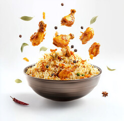 Biryani being thrown in the air,flying with spices and ingredients swirling around it on a white background