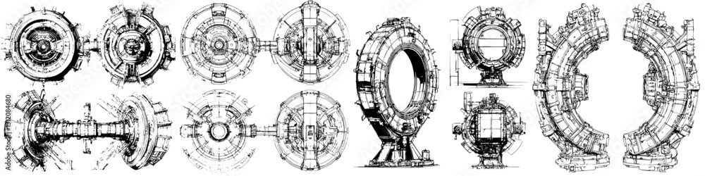 Poster design concepts of futuristic portal technology featuring various structures in a concept art style