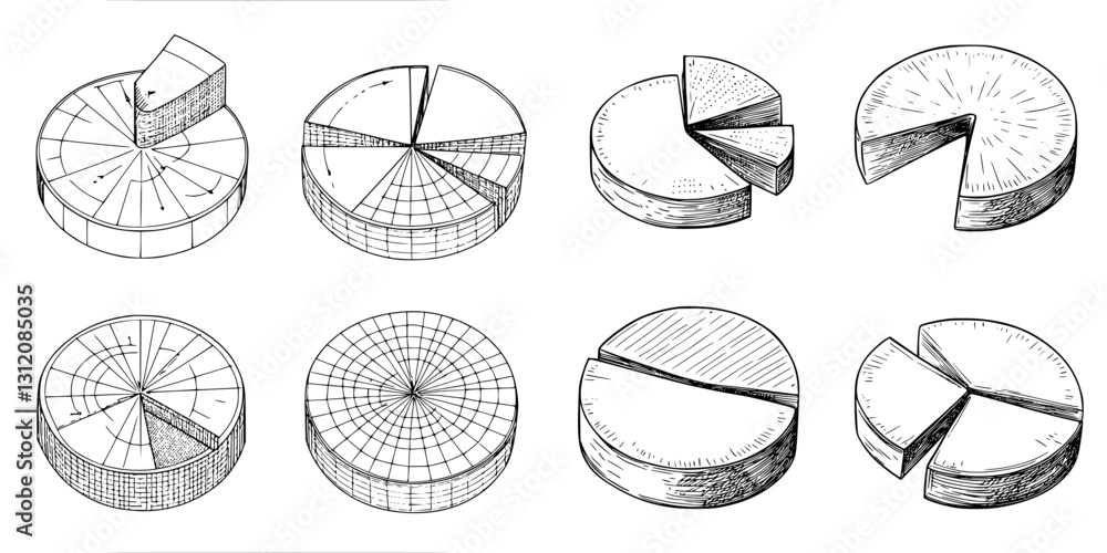 Poster sketches of various pie charts illustrating data representation techniques in a creative format