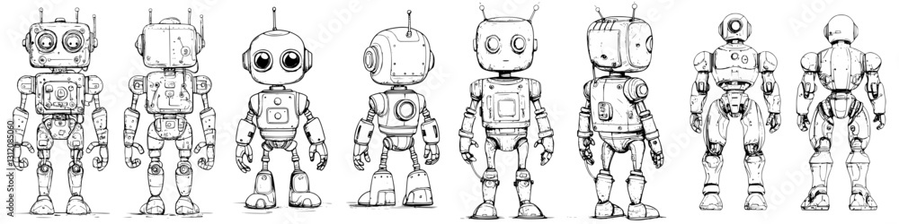 Poster exploring a variety of robot designs showcasing different styles, features, and functionalities in a