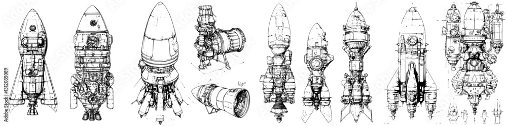Poster rocket design sketches showcasing various types of spacecraft engines and structures in a technical 