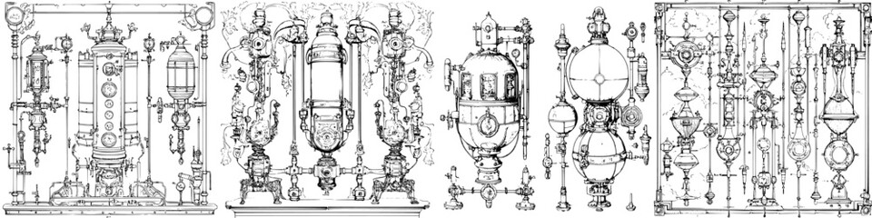 Detailed illustration of vintage scientific apparatus spanning various functions and designs from the 19th century