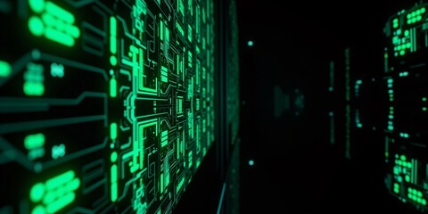 Glowing Green Circuitry Illuminates Digital Landscape.