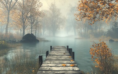Misty dock surrounded by serene lake waters, gentle ripples and soft fog, morning sunlight breaking through, tranquil and soothing nature landscape, hyperdetailed, Midjourney v6