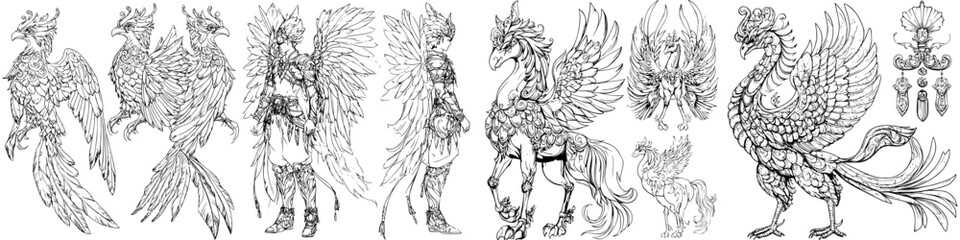 Fototapeta premium Detailed illustrations of mythical bird creatures with intricate designs and varied postures in a fantasy setting