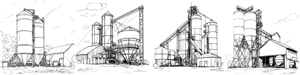 Obraz premium Detailed industrial sketch showcasing three large storage silos at a grain facility during daytime