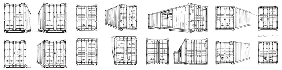 Detailed sketches of shipping containers showcasing various angles and perspectives - obrazy, fototapety, plakaty