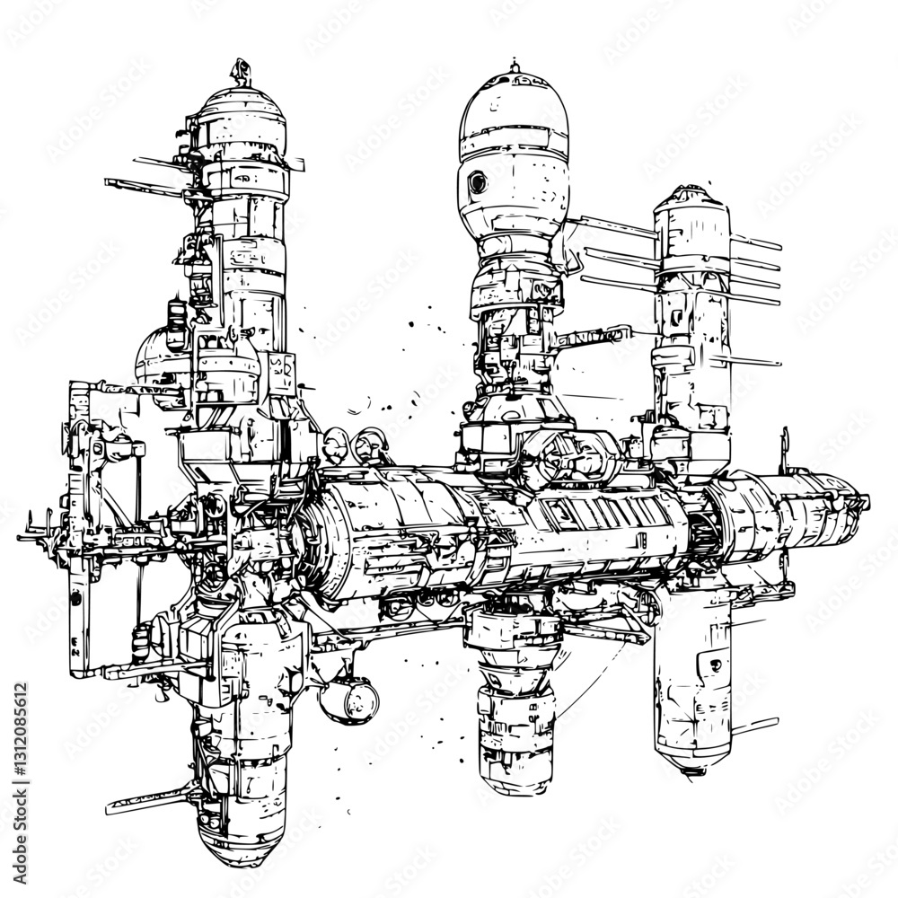 Poster detailed illustration of a futuristic space station design in deep space with intricate structures a