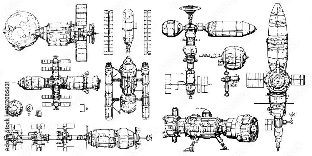 Poster detailed spacecraft designs showcasing various models and structures in a futuristic space setting