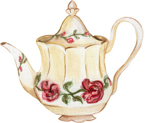 Vintage floral Tea Pot in watercolor style illustration
