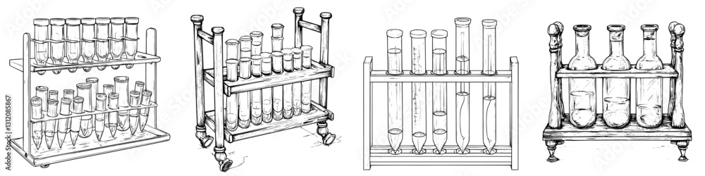 Poster laboratory glassware display with different types of flasks and test tubes on a rack