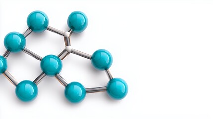 Detailed turquoise molecule structure arranged on a bright white background demonstrating modern and minimalist design with clean lines and glossy finish.