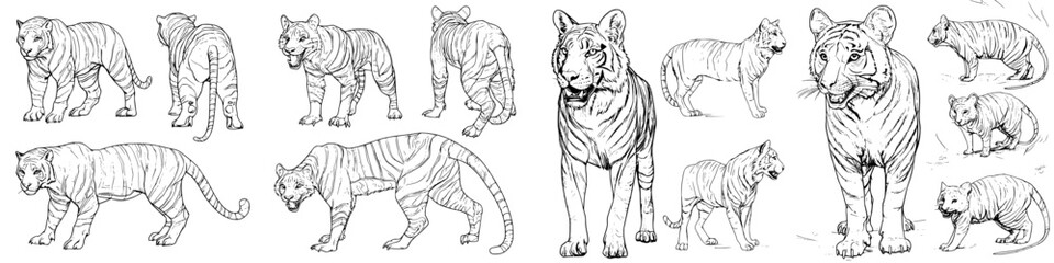 Obraz premium Various sketches of tigers in different poses showcasing their anatomy and features