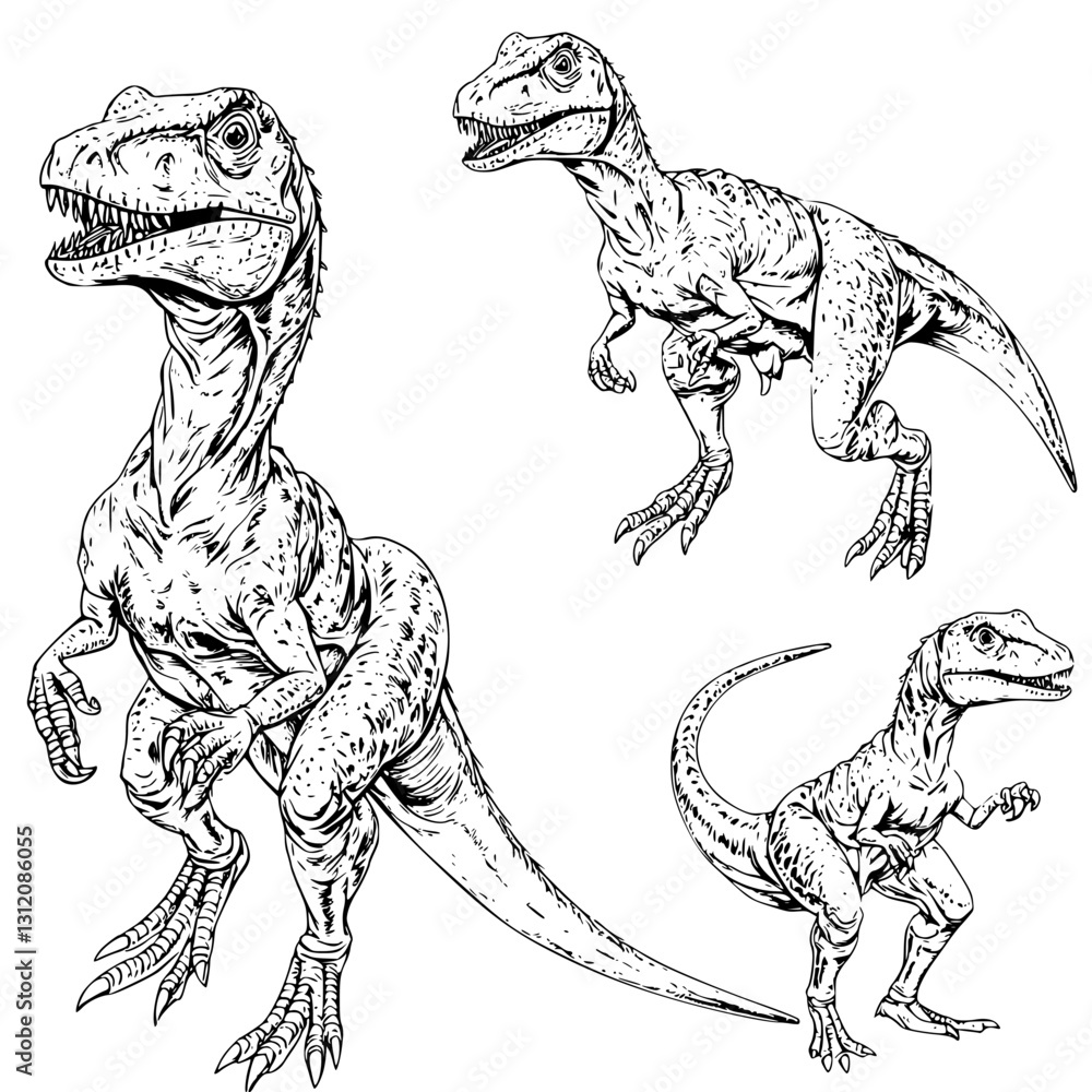 Poster detailed illustrations of a dinosaur in various poses showcasing its anatomy and features in a dynam