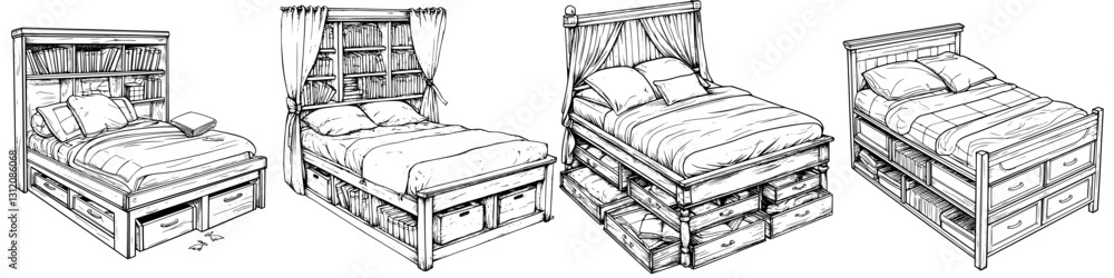 Poster different styles of functional beds with storage options designed for various room aesthetics and pr