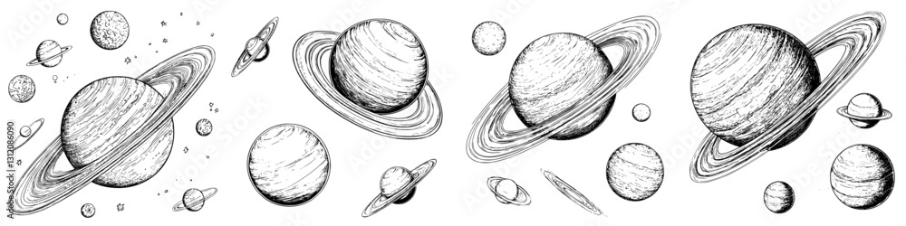Poster various designs of planets and celestial bodies in a detailed sketch style capturing their unique fe