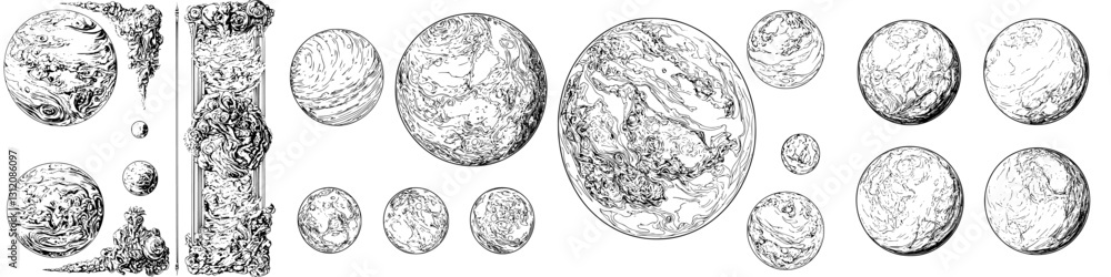 Poster exploring various celestial bodies through detailed artistic illustrations and interpretations of pl