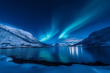 Naklejka premium Northern Lights Over a Snowy Landscape: The vibrant aurora borealis dances across the night sky, casting an ethereal glow over snow-covered mountains and a serene lake, painting a majestic scene.