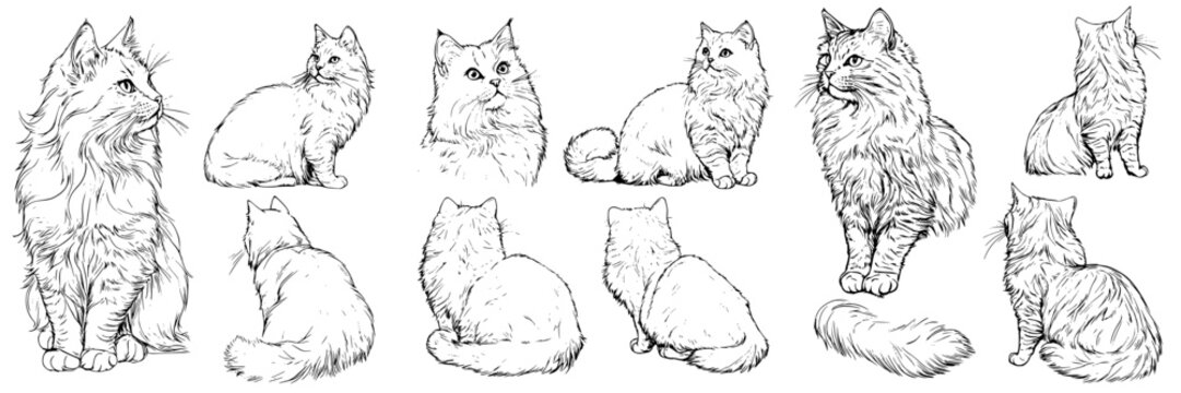 Detailed sketch of different poses of fluffy cats showcasing their playful nature and unique characteristics in artistic style