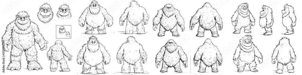 Poster collection of yeti character designs showcasing various poses and expressions in a playful style