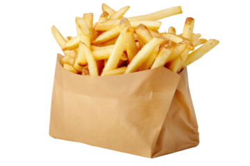 Freshly cooked golden fries served in a brown paper bag ready to be enjoyed at a casual eatery during lunch hours