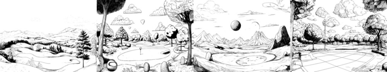 Modern illustration of a golf course in black and white landscape sketch graphic art