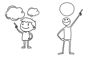 An illustration of a modern cartoon stick figure, portraying a smiling, happy man or businessman, who has just had an idea, featuring an empty speech bubble for user-provided text