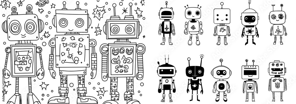 Poster a robot illustration, featuring a mechanical character design, including four distinct robots, for a