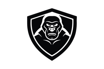 Silhouette art illustration of muscular gorilla head logo inside a shield for a bodybuilding or MMA team logo.eps