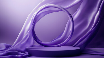 A luxurious purple display podium set against a flowing sheer fabric backdrop creates a sophisticated and elegant scene. Perfect for showcasing products, branding, or beauty and fashion presentations.