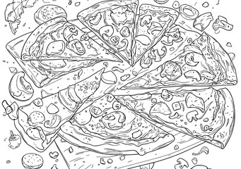 Obraz premium A set of pizza cartoons in black lines features Italian hand-drawn pizzas with various toppings such as greens, pepper, tomato, olive, and cheese, including Margarita and Hawaiian, pepperoni or