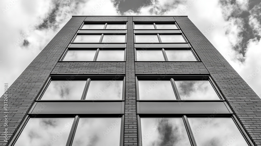 Poster low angle view of a tall, rectangular building with many windows reflecting the sky. the building is