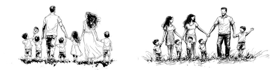 A hand-drawn family is depicted in a summer park, consisting of a mother, father, and children holding hands, all illustrated in a modern doodle style against a white background