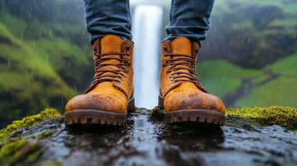 Hiking boots on a wet rock, waterfall in the background