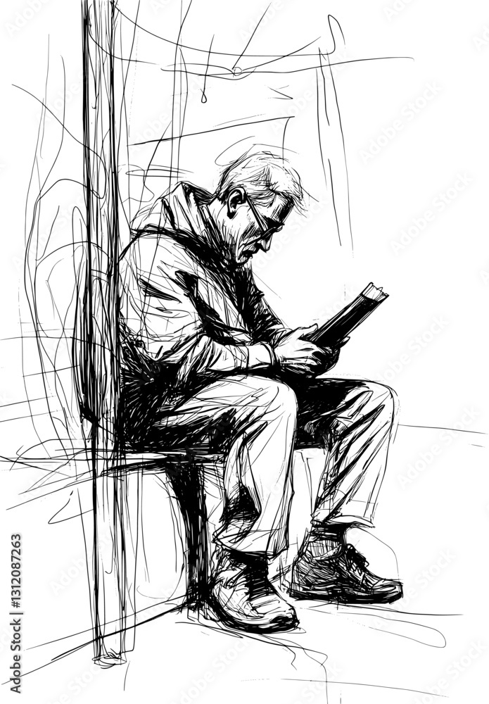Poster a minimalist line sketch of an elderly man is presented in a close-up view, showcasing his use of a 