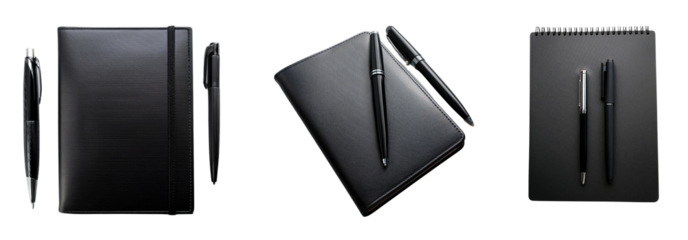 A collection of elegant black notebooks and pens for professional use.