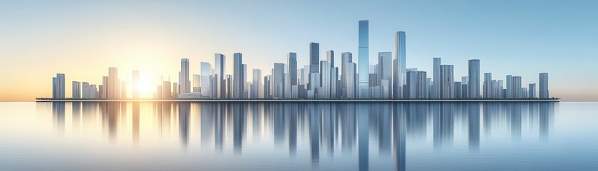 Fototapeta premium Sunrise over a calm body of water reflecting a modern city skyline. The buildings are various heights and shapes, creating a dynamic urban landscape.