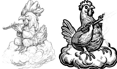 A rainbow gradient line drawing illustrates a cartoon angel standing on a cloud while holding a trumpet