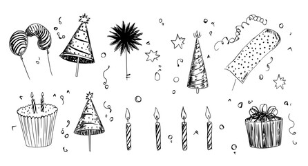 Birthday doodle icon elements include hand-drawn sketch doodles of cakes, balloons, and other decorations for parties and celebrations