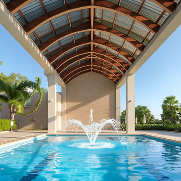 Metal arch in a swimming pool with water jet for hygiene and acclimatize