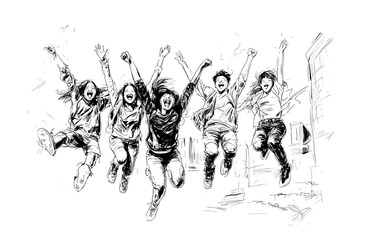 In a modern one line art design young people are shown jumping in the air with friends having a fun and funny life
