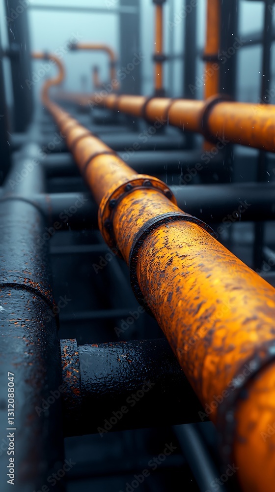 Poster an abstract close-up of rusty pipes, showcasing a network of industrial infrastructure with a focus 