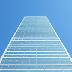 Low angle view of a modern glass skyscraper against a clear blue sky. The building's facade is composed of numerous square windows reflecting the light.